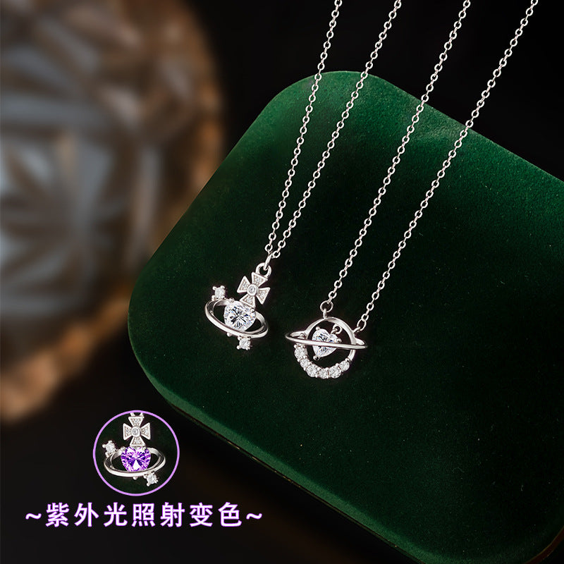 Planet Queen Mother's Same S925 Sterling Silver Necklace Female UV Color Changing Creative Clavicle Chain Niche Silver Jewelry Wholesale
