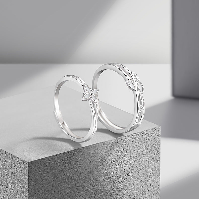 Lianlizhi Sterling Silver 925 Couple Ring Men's and Women's Simple Niche Four-Leaf Clover Ring Ins Style Luminous Ring