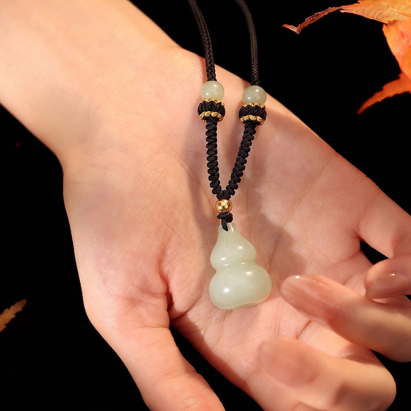 Hetian Jade Mobius Safety Buckle Gourd Braided Rope Necklace S925 Silver New Chinese Jade Pendant Unisex