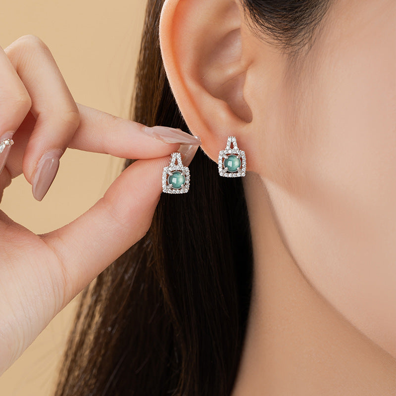 Square Sugar Sterling Silver 925 Stud Earrings Female Niche Design Light Luxury Natural Dangerous Material Blue Water Jade Earrings Ins Style Earrings