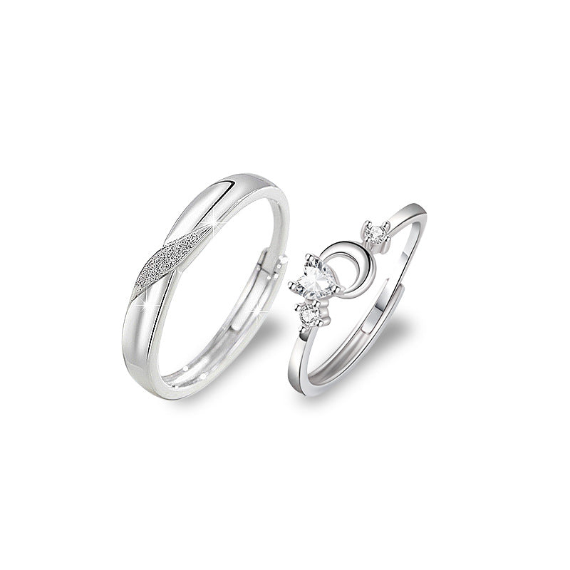 Light Luxury Couple Ring S925 Sterling Silver Japanese and Korean Trendy Student Niche Love White Crystal Design Open Mouth Ring