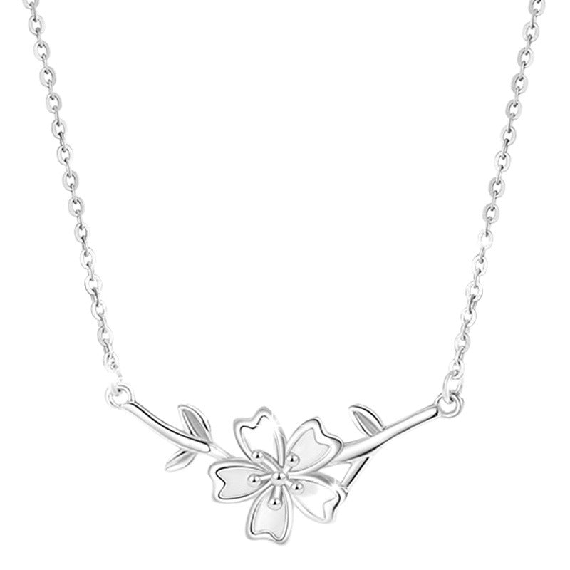 Cherry Blossom Sterling Silver 925 Necklace Female Niche Design Light Luxury Leaf Clavicle Chain Get Things Ins Style Flower Pendant