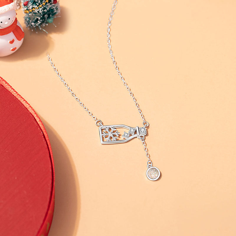 Snowflake Sterling Silver 925 Necklace Female Sweet Cute Style Glazed Stone Drifting Bottle Clavicle Chain Ins Christmas Pendant