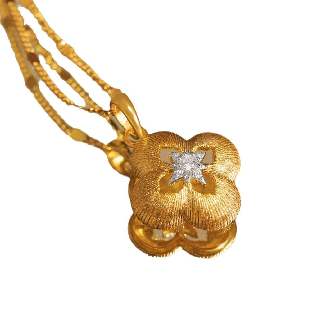 Lucky Clover Sterling Silver 925 Necklace Women's Mid-Ancient Style Handmade Brushed Flower Clavicle Chain Light Luxury Petal Pendant