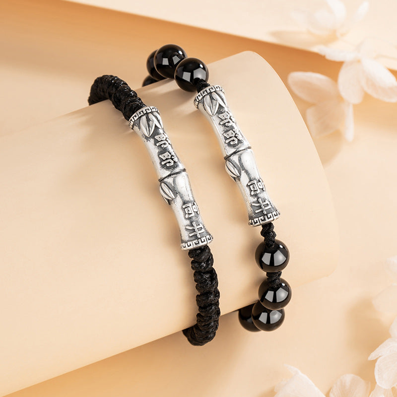 High-Rise Pure Silver 999 Couple's Bracelet New Chinese National Fashion Black Agate Bamboo Bracelet Ins Style Bamboo Bracelet