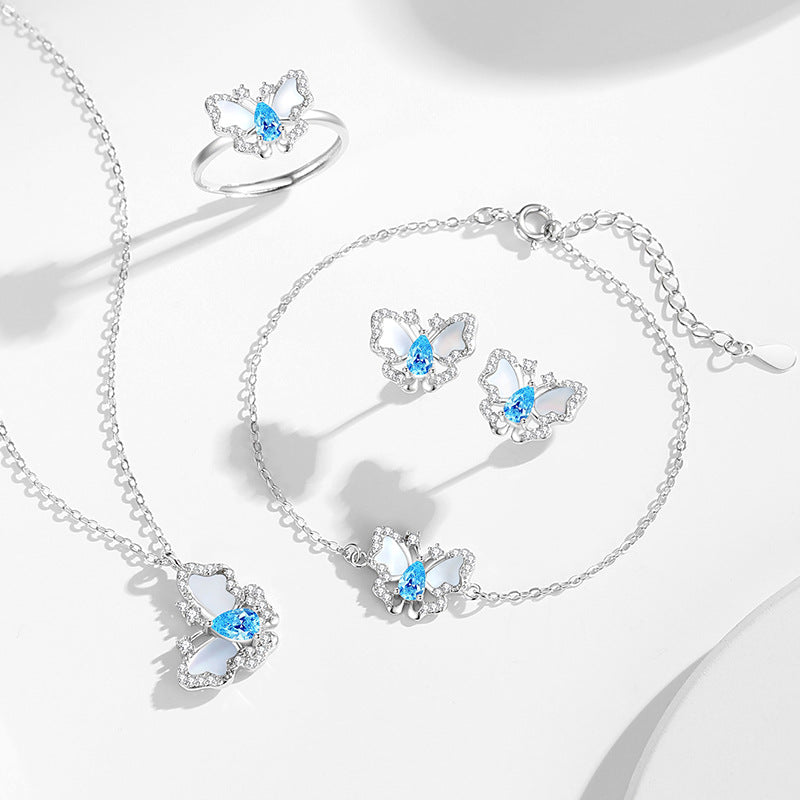 Original Butterfly Sterling Silver 925 Stud Earrings Female Niche Design Light Luxury Navy Blue Zircon Earrings Ins White Fritillary Earrings
