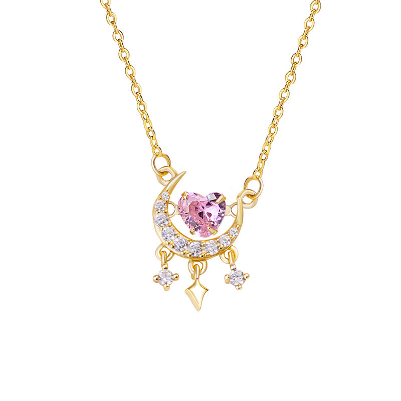Lovely Sterling Silver 925 Necklace Niche Design Light Luxury Shijia Pearl Clavicle Chain Pink Moon Zircon Pendant