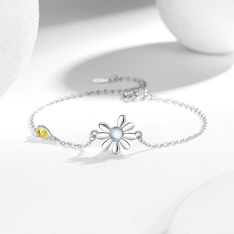 Daisy Sterling Silver 925 Necklace Set Female Niche Design Light Luxury Sunflower Bracelet Ins Glass Stone Ring
