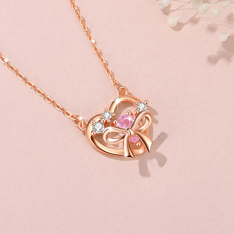 Lovely Sterling Silver 925 Necklace Female Niche Design Light Luxury Pink Diamond Clavicle Chain Get Things Ins Style Bow Pendant