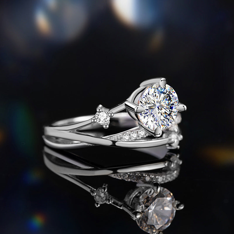 Moissanite Sterling Silver 925 Ring Women's Light Luxury Small Diamond Meteor Ring 1 Karat Double Layer 4 Grab Wedding Ring