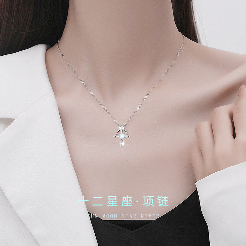 Twelve Constellation Sterling Silver 925 Necklace Female Niche Design Light Luxury Star Clavicle Chain Dream Moonstone Pendant