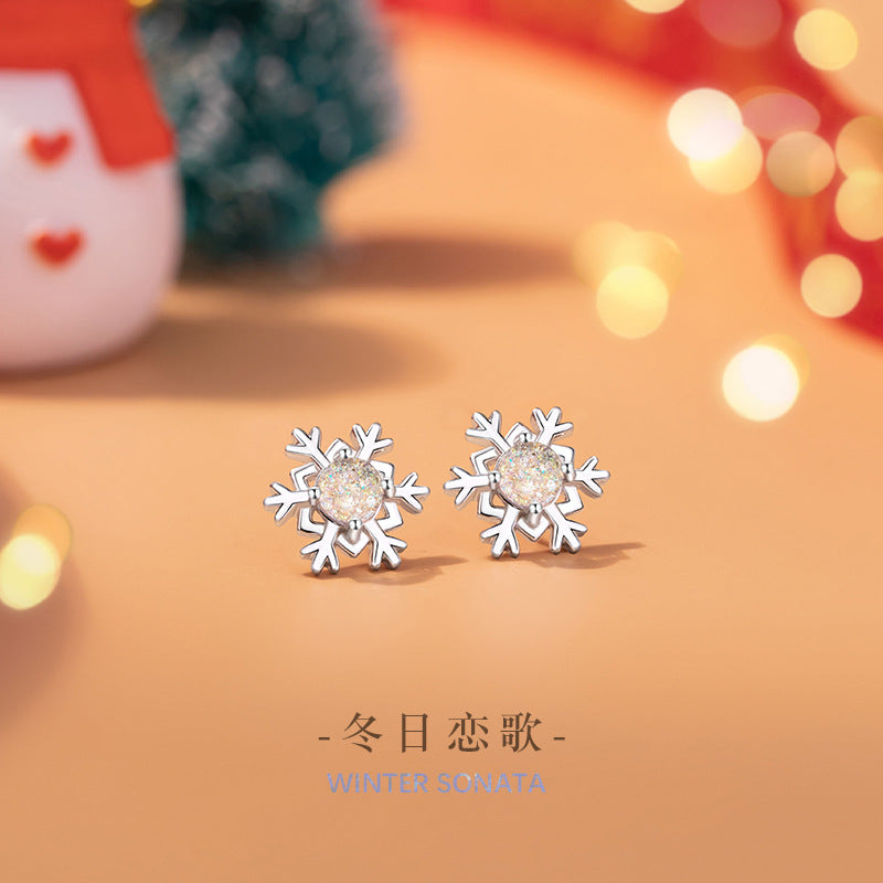 Snowflake Sterling Silver 925 Stud Earrings Female Niche Light Luxury High-Grade Glass Stone Star Awn Earrings Ins Style Christmas Earrings