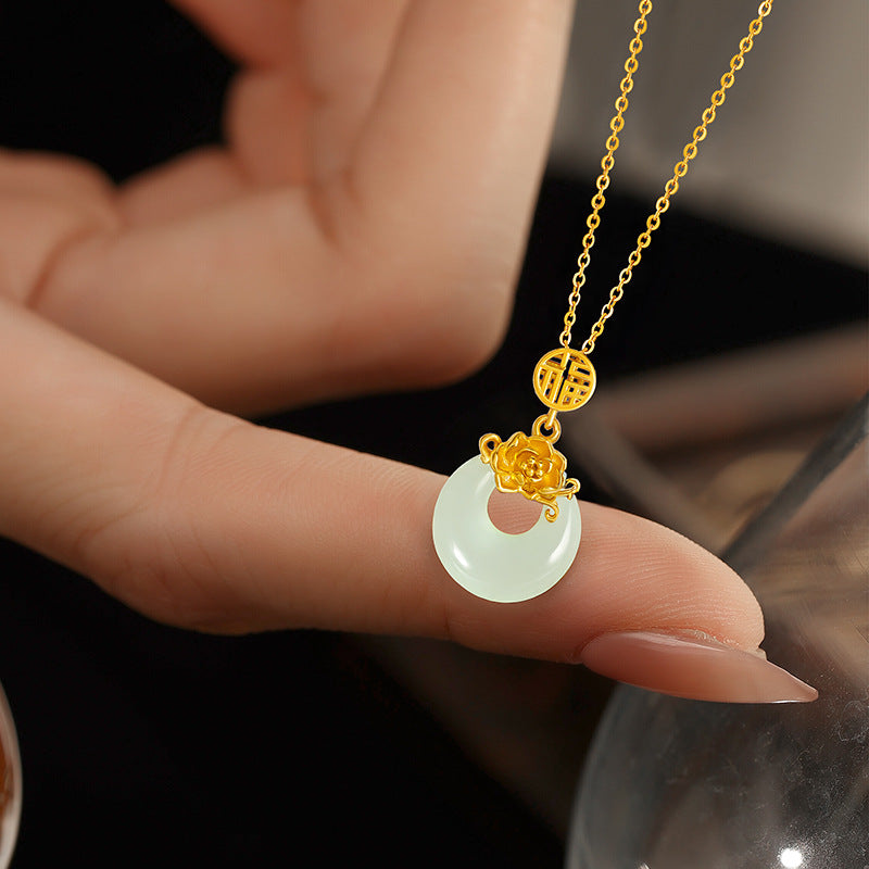 Collana in argento sterling 925 – fiore e disco e giada Hetian