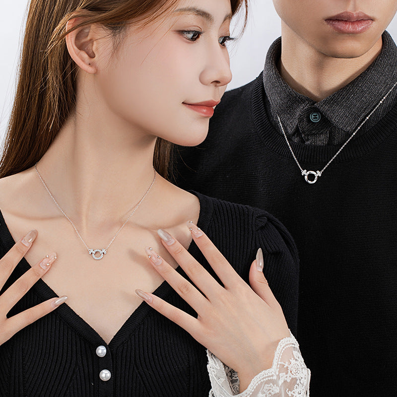 Mobius Sterling Silver 925 Couple Necklace Light Luxury High-Grade Horseshoe Buckle Zircon Clavicle Chain Ins Double Ring Pendant