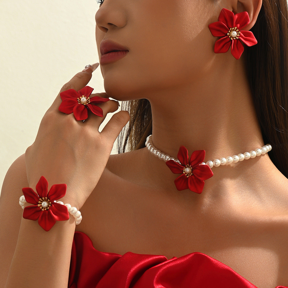 Red Flower and Pearl-Effect Jewelry