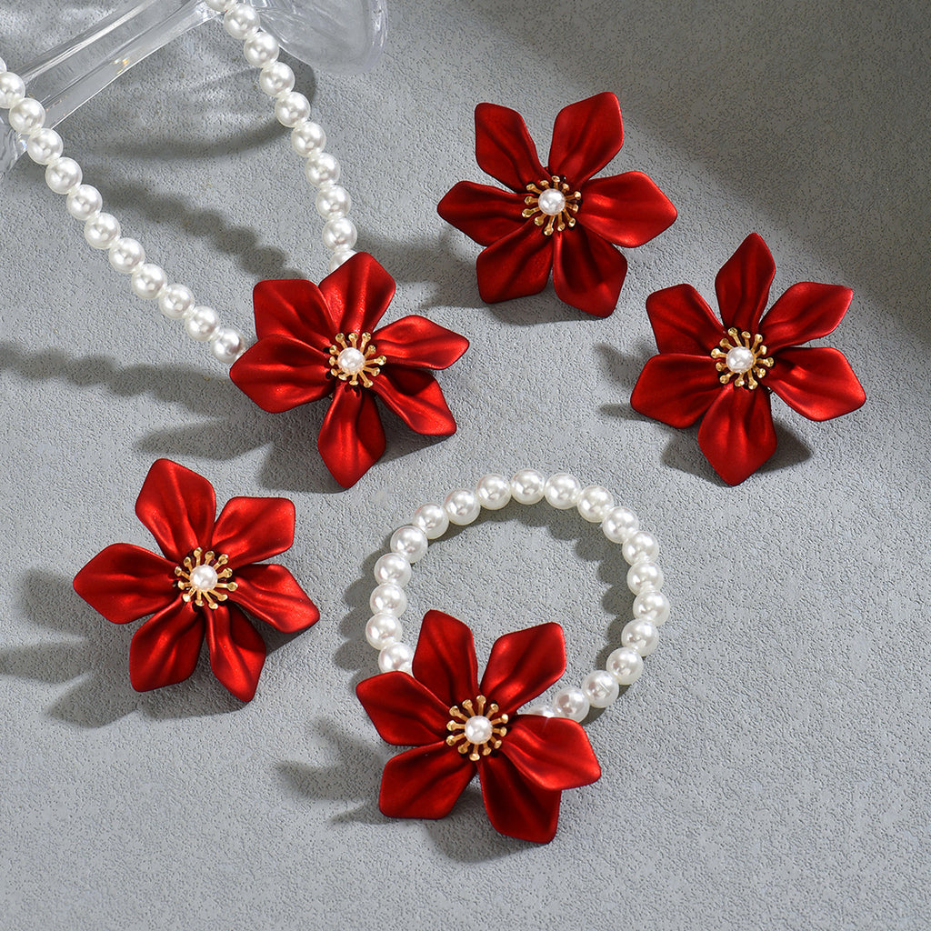 Red Flower and Pearl-Effect Jewelry — product image 3