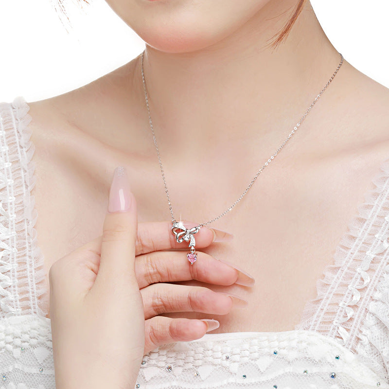 Bow Sterling Silver 925 Necklace Women's Fashion All-Match Zircon Clavicle Chain Valentine's Day Ins Style Love Pendant