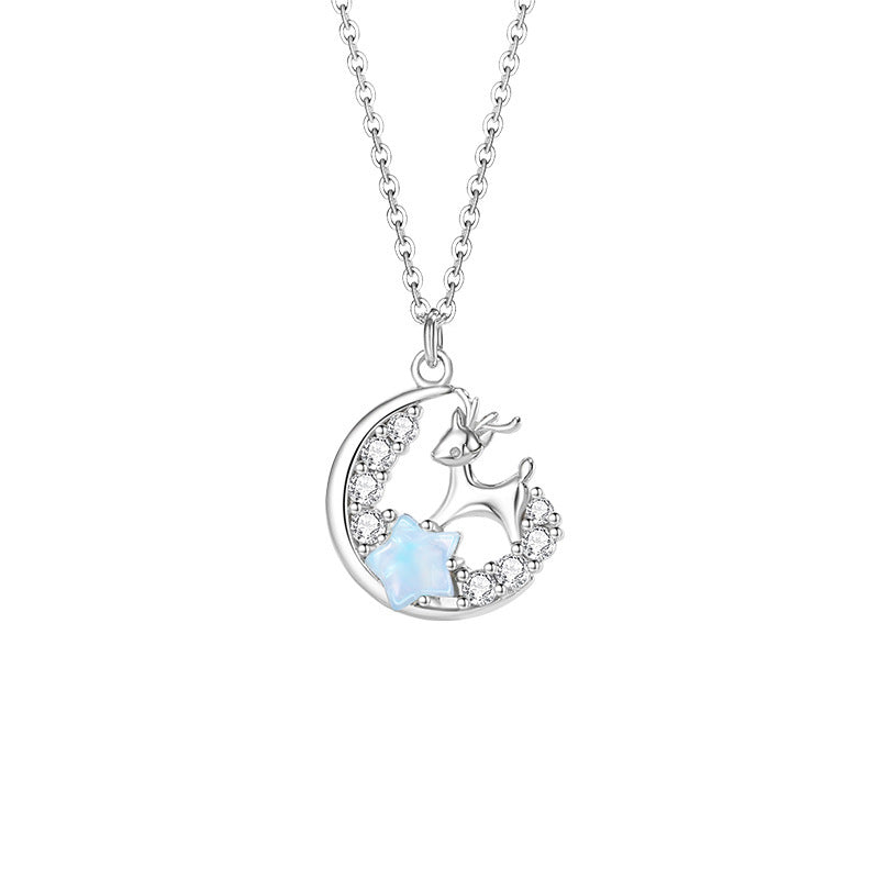 Elk Sterling Silver 925 Necklace Women's Fashion All-Match Star Clavicle Chain Christmas Deer Has Your Moon Pendant