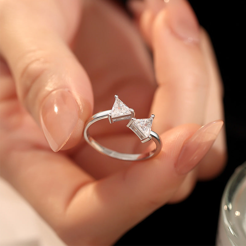 INS Style Lover Knot Three-Piece Set S925 Sterling Silver Necklace Stud Earrings Ring Triangle Flash Diamond Valentine's Day Simple Jewelry