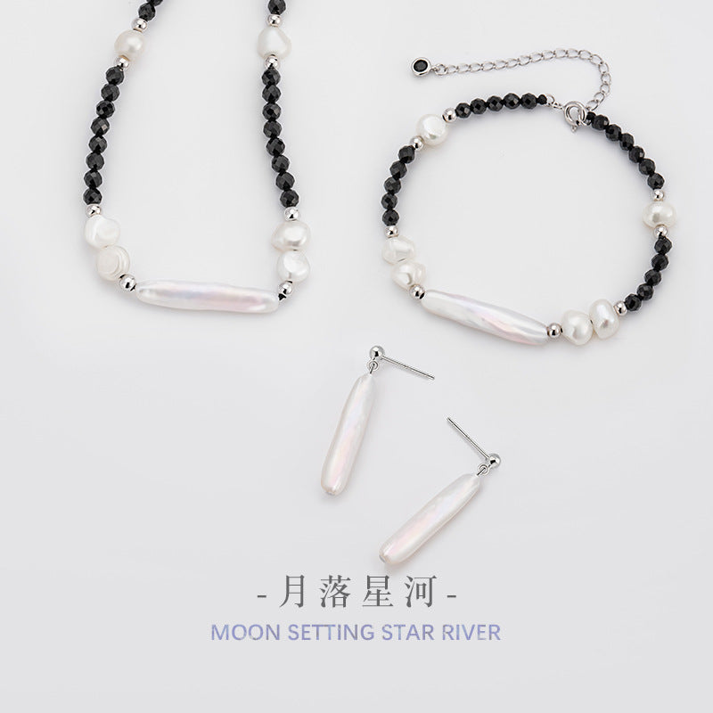 Natural Baroque Pearl Sterling Silver 925 Necklace Women's Light Luxury High-Grade Small Silver Bar Clavicle Chain Ins Style Crystal Pendant