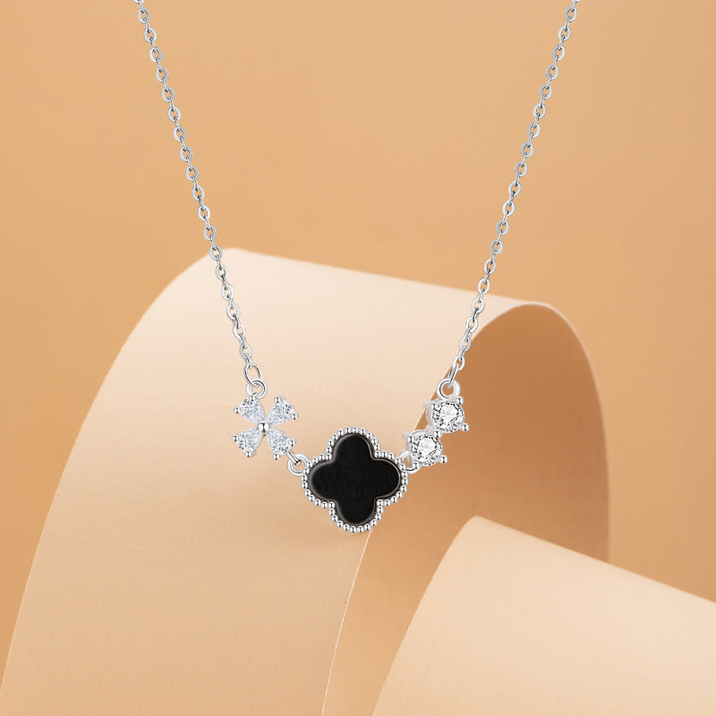 Lucky Clover Sterling Silver 925 Necklace Women's Light Luxury High-Grade Black Agate Flower Clavicle Chain Ins Zircon Pendant