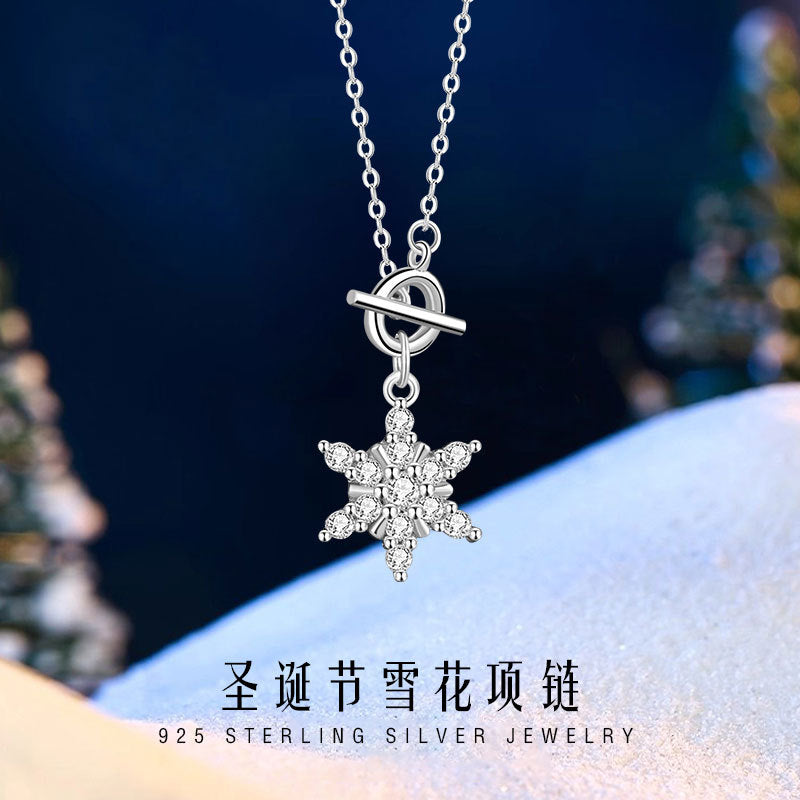 Christmas Snowflake Sterling Silver 925 Necklace Niche Design Light Luxury Star Zircon Clavicle Chain Ins Six-Pointed Star Pendant