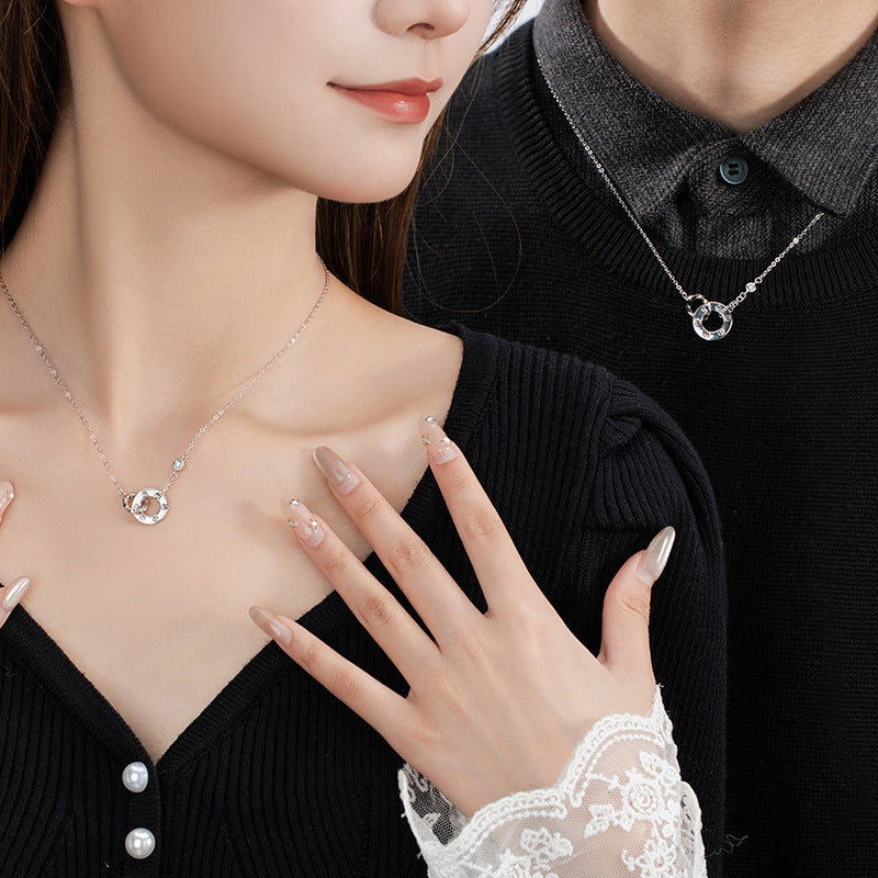 Mobius Ring Sterling Silver 925 Couple Necklace High-Grade Double Ring Zircon Clavicle Chain Ins Ring Buckle Pendant