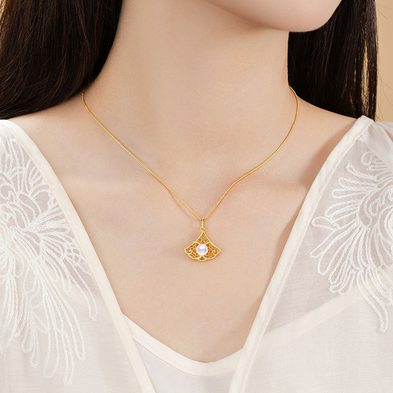 Sansheng Lucky Sterling Silver 925 Necklace Women's Light Luxury Natural Freshwater Pearl Small Skirt Clavicle Chain Ginkgo Leaf Pendant
