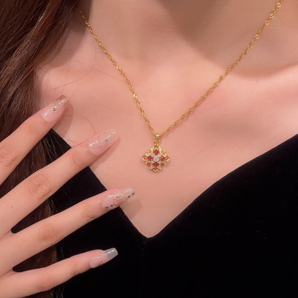 Cross Sterling Silver 925 Necklace Mid-Ancient Court Buqi Style Zircon Clavicle Chain Light Luxury High-Grade Square Sugar Pendant