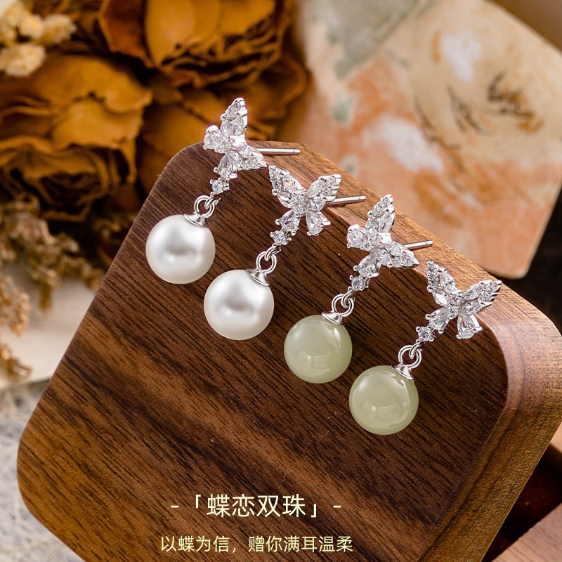 Sterling Silver Butterfly Drop Earrings – Hetian Jade