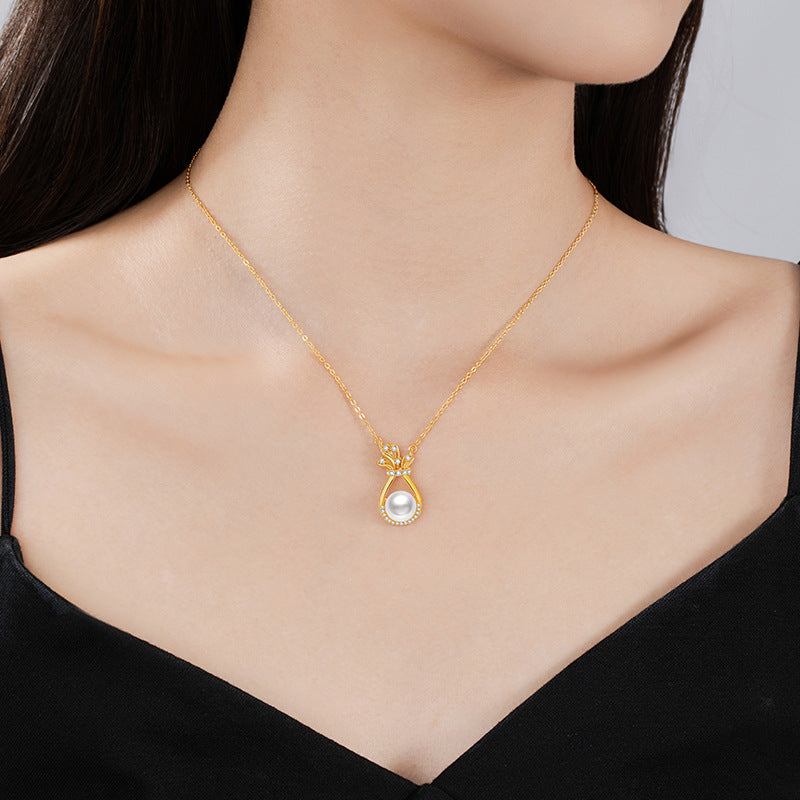 Lucky Bag Sterling Silver 925 Necklace Women's Light Luxury High-Grade Natural Freshwater Pearl Clavicle Chain Valentine's Day Gift Pendant