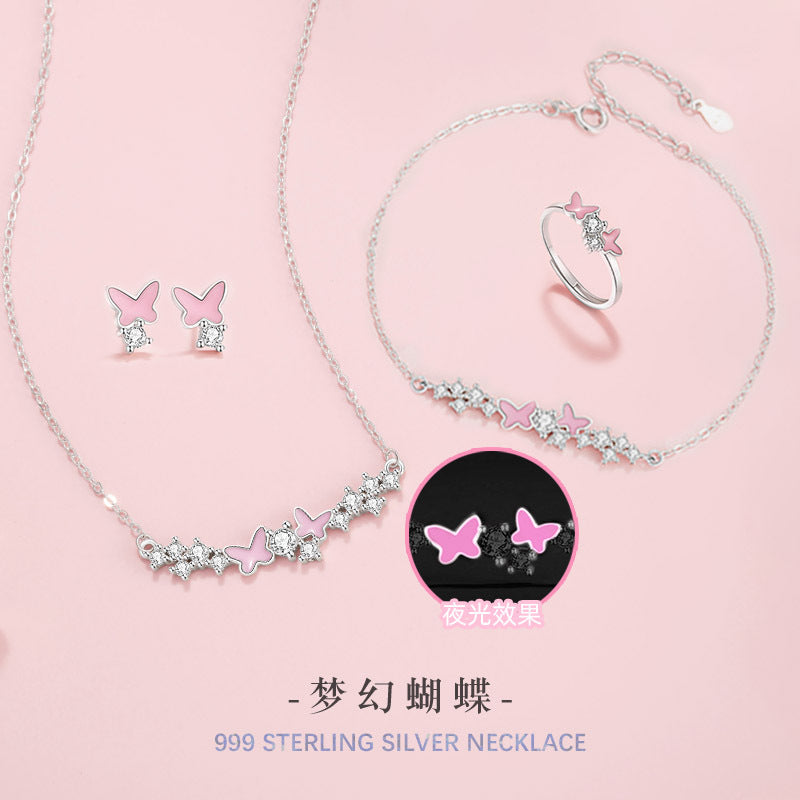 Butterfly Pure Silver 999 Luminous Ring Female Fashion Versatile Epoxy Star Zircon Ring Ins Style Super Fairy Ring