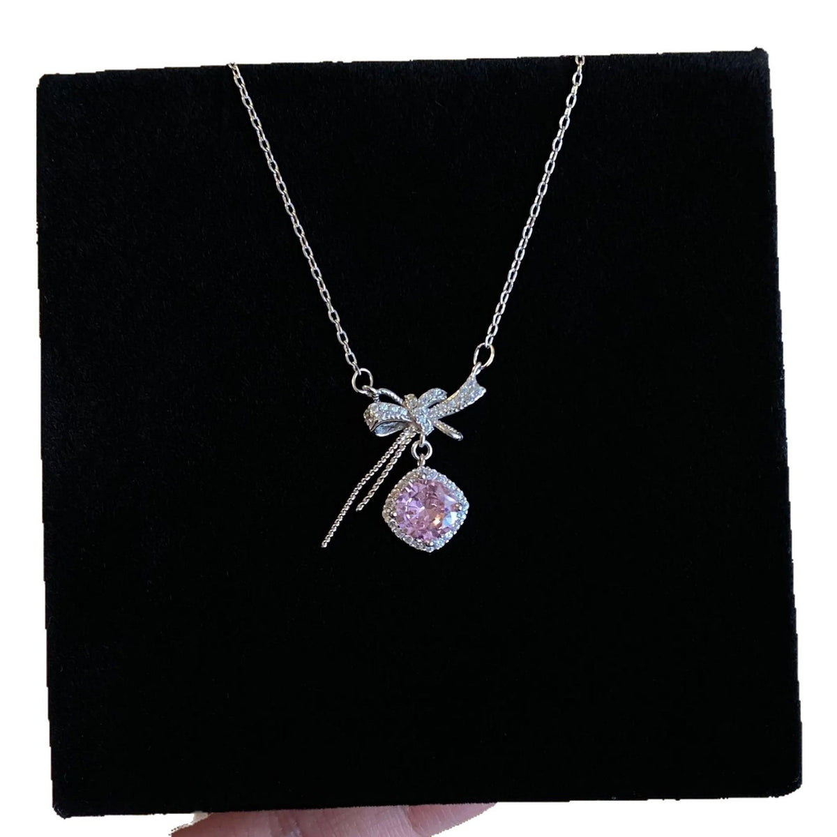 Bowknot Sterling Silver 925 Necklace Female Cute Sweet Style Zircon Clavicle Chain Ins Valentine's Day Cube Sugar Line Pendant