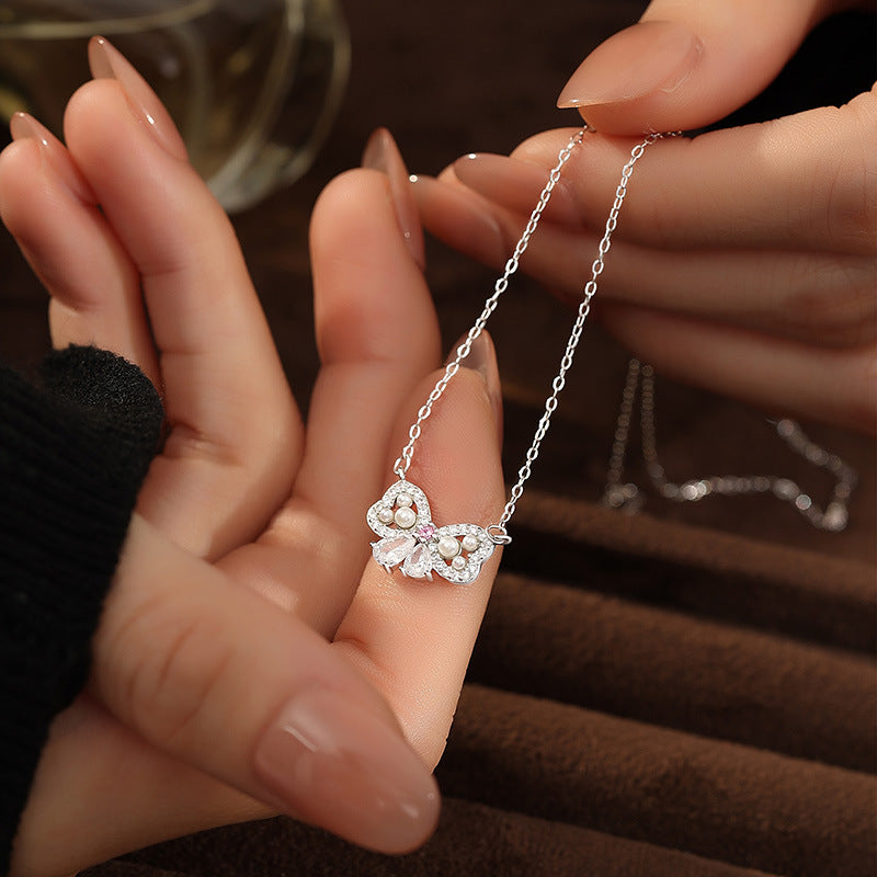 S925 Sterling Silver Bow Pearl Necklace Women's High-Grade Niche Clavicle Chain Gift for Girlfriend Silver Jewelry