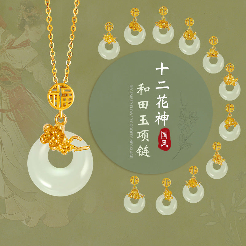 Collana in argento sterling 925 – fiore e disco e giada Hetian