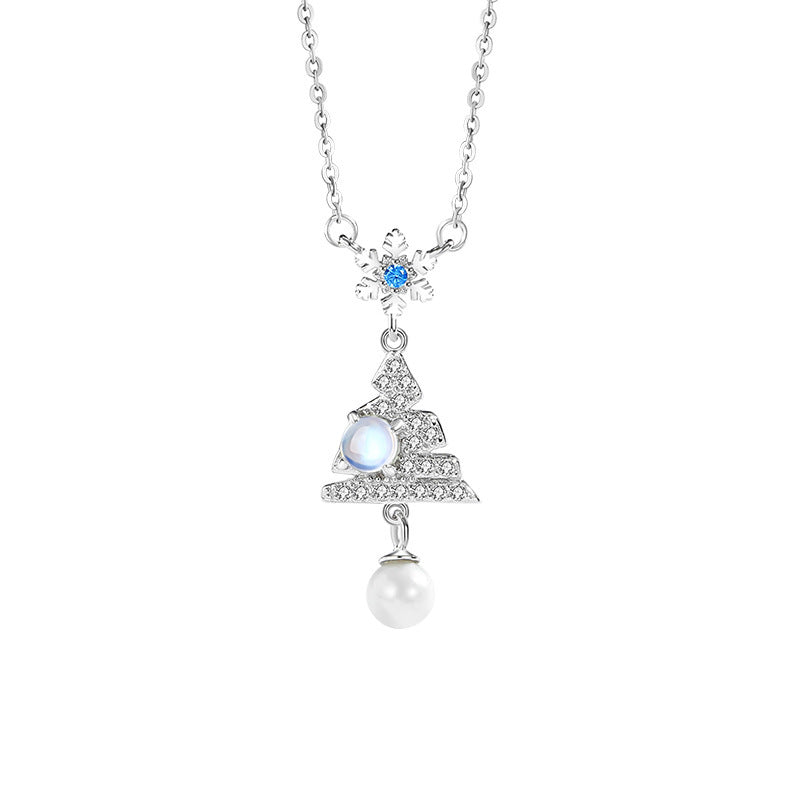 Sterling Silver Christmas Tree and Snowflake Necklace – Pearl Detail