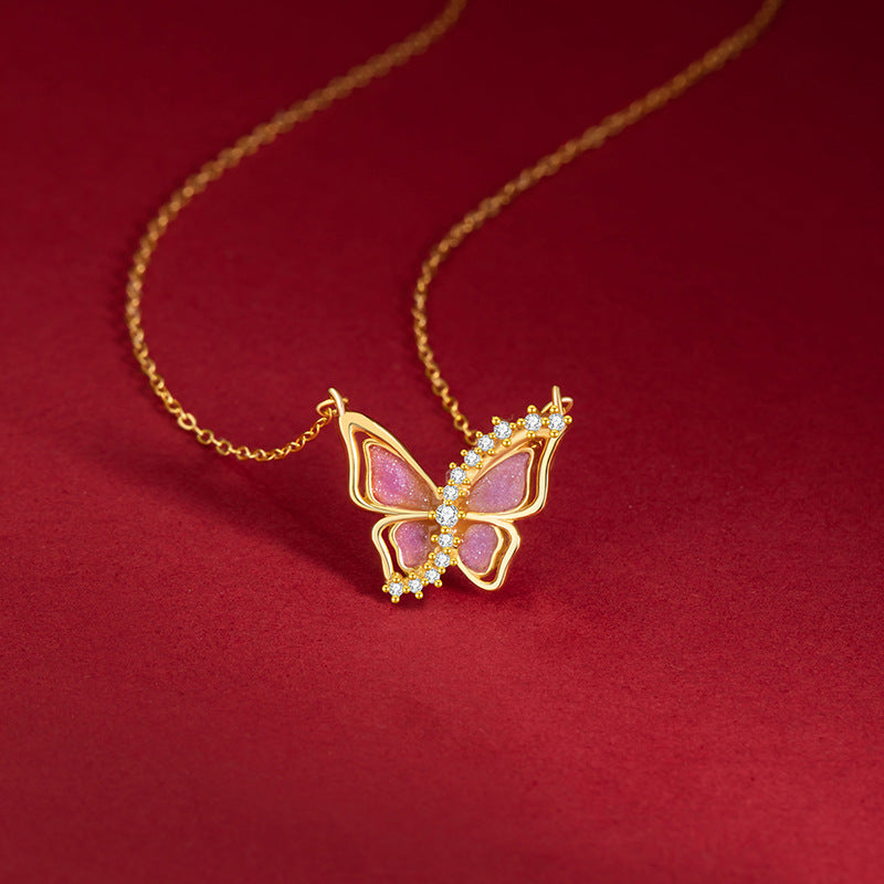 Butterfly Sterling Silver 925 Luminous Necklace Female Niche Design Light Luxury Pink Epoxy Clavicle Chain Ins Zircon Pendant