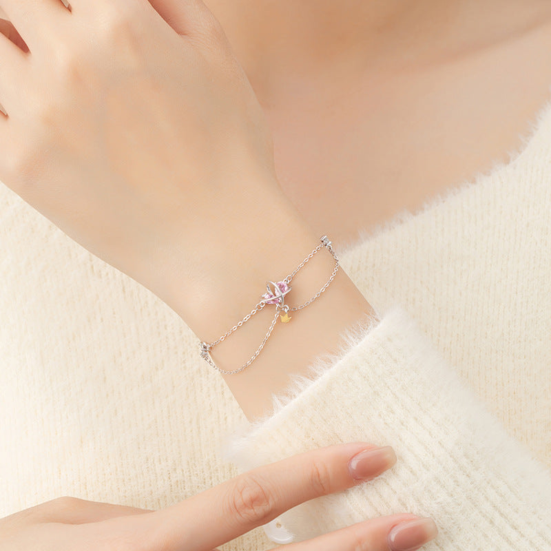 Planet Sterling Silver 925 Bracelet Women's Fashion All-Match Love Pink Diamond Bracelet Ins Style Star Crown Bracelet