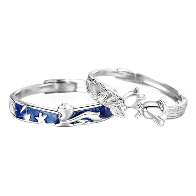 Little Prince and Rose Sterling Silver 925 Couple Ring Men and Women Fashion All-Match Ring Ins Style Star Ring