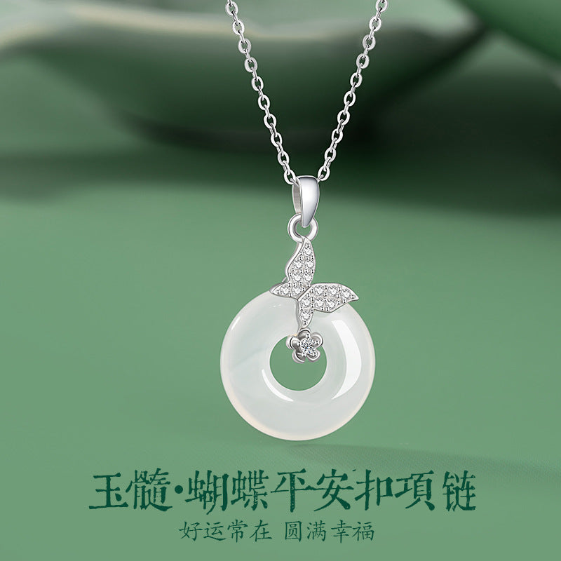 Sterling Silver Butterfly and Disc Necklace – Chalcedony