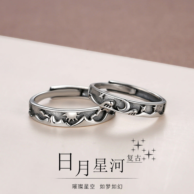 Sun Moon Star River Sterling Silver 925 Couple Ring Isn Niche Design Men's and Women's Plain Ring Light Luxury Fashion Adjustable Ring