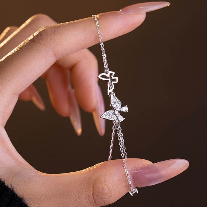 Butterfly Pure Silver 999 Necklace Women's Light Luxury High-Grade Star Tassel Zircon Clavicle Chain Small Red Book Same Pendant
