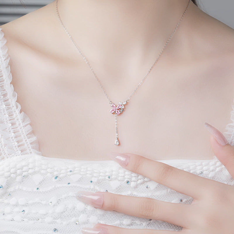 Flower Sterling Silver 925 Necklace Women's Fashion Versatile Pink Zircon Clavicle Chain 520 Valentine's Day Tassel Pendant