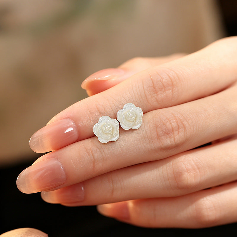 Hetian Jade Rose Stud Earrings Three-Dimensional Relief S925 Sterling Silver New Chinese Style Simple Earrings for Women Valentine's Day Gift