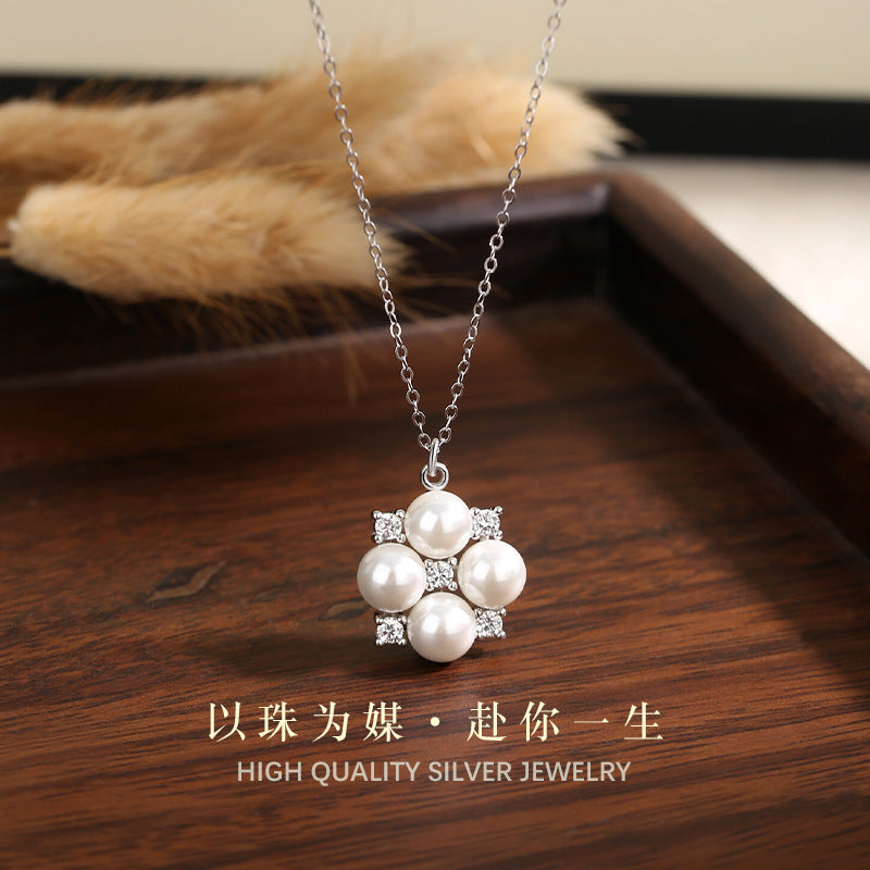 S925 Sterling Silver Clover Pearl Necklace Fresh All-Match Lucky Clavicle Chain for Girlfriend Mother's Day Gift