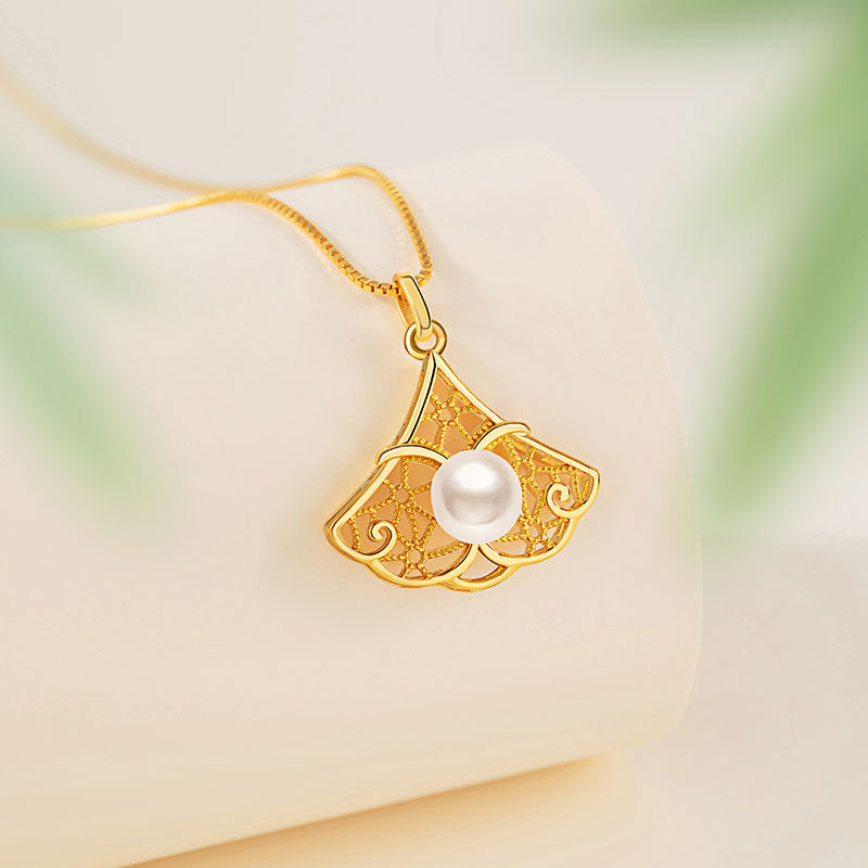 Sansheng Lucky Sterling Silver 925 Necklace Women's Light Luxury Natural Freshwater Pearl Small Skirt Clavicle Chain Ginkgo Leaf Pendant