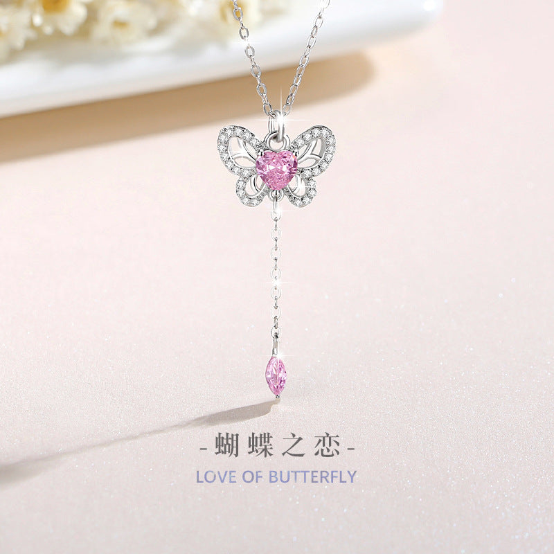 Butterfly Sterling Silver 925 Necklace Female Niche Design Light Luxury Pink Zircon Tassel Clavicle Chain Ins Love Pendant