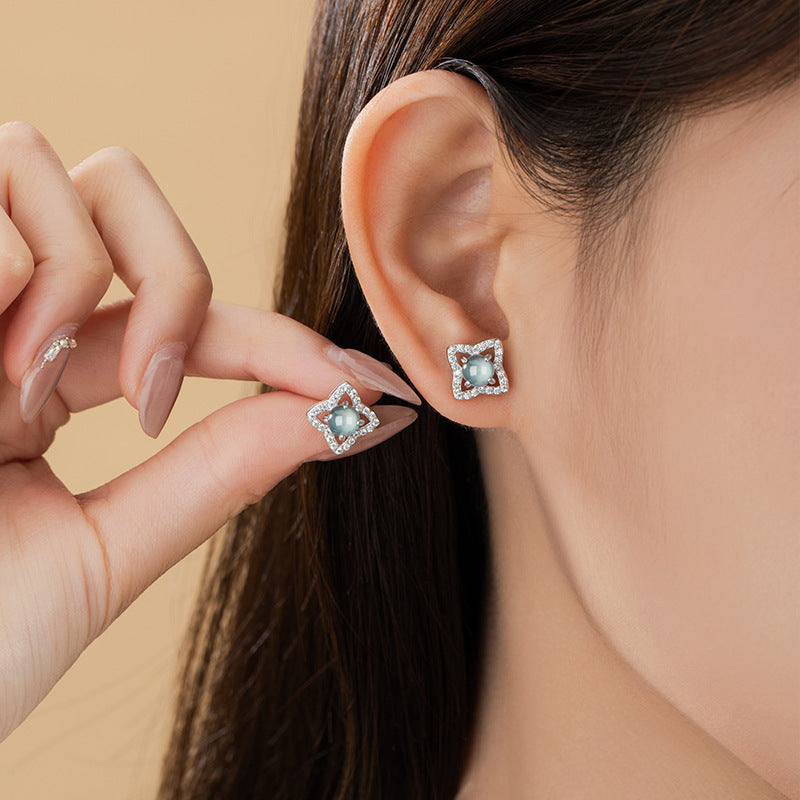 Lucky Clover Sterling Silver 925 Stud Earrings Women's New Chinese Style Natural Blue Water Dangerous Jade Earrings Ins Flower Earrings