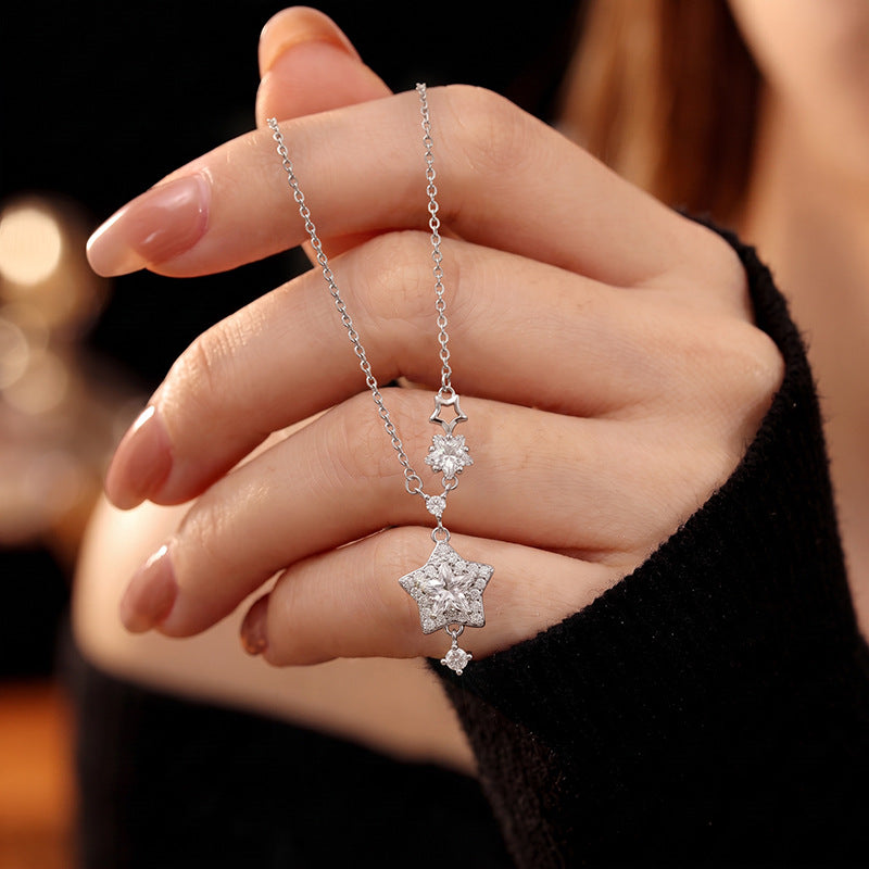Star Sterling Silver S925 Necklace Women's Fashion All-Match Zircon Five-Pointed Star Clavicle Chain Ins Style Meteor Shower Pendant
