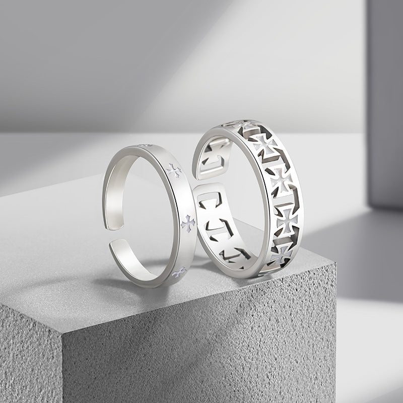 Luminous Sterling Silver Cross and Star Ring